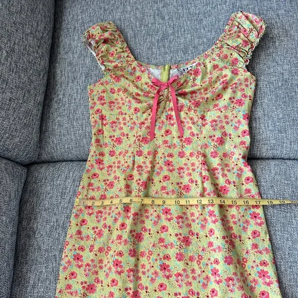 VTG D.B.Y. Mini Dress Yellow Pink Floral Ruffle Bow Accent Size 13/14 - Picture 5 of 8